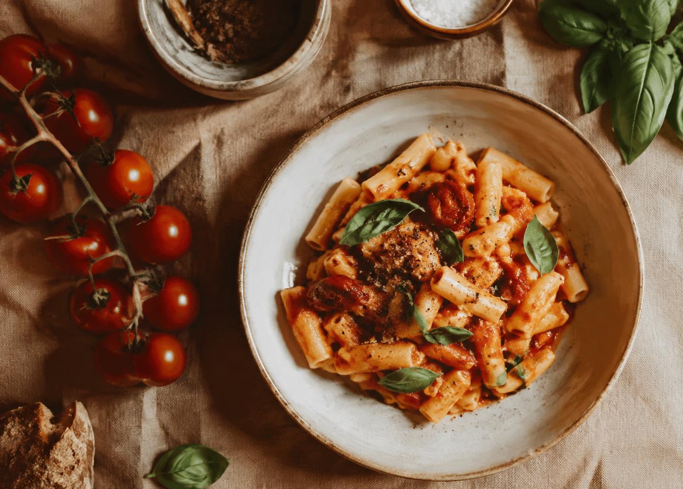 Piatto di pasta al pomodoro e basilico